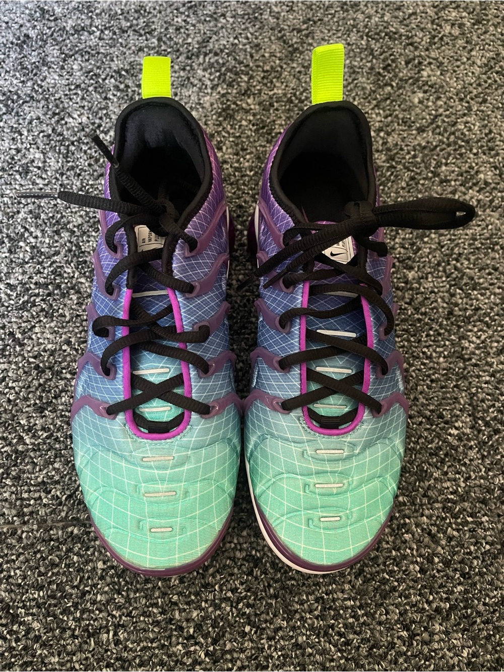 Nike Women's Gradient Teal Purple Sneakers with Neon Yellow Pull Tabs